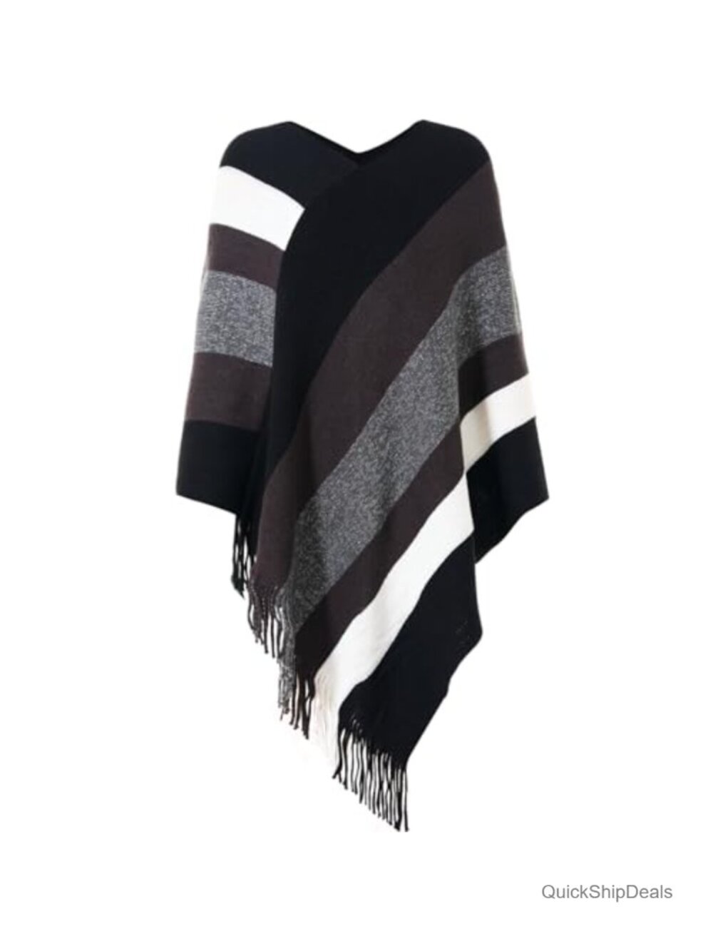 Striped Poncho Tops with Fringe Soft Knitted Shawl Wrap